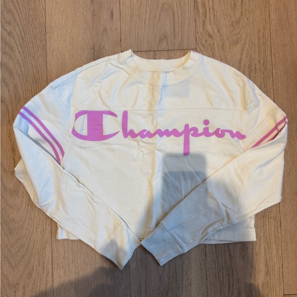 Champion White Cropped Sweatshirt with Pink Logo Size S